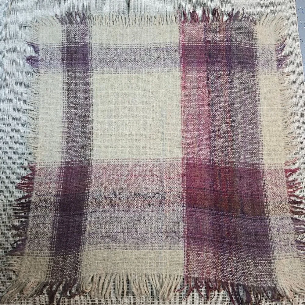 Vintage Avoca Handweavers Wool Fringed Plaid Throw Blanket Shawl Ireland Purple